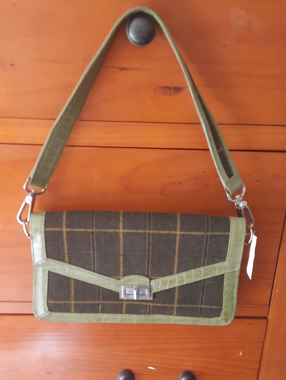 Arden B Green Plaid Messenger Bag with Olive Trim